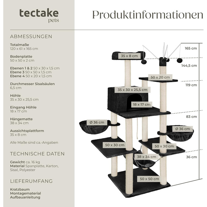 Тектейк® XXL Драбина-кіготь для котів, велика, з аксесуарами: лежанки, гамак, будиночок, іграшки, мотузка з сизалю, ствол для шліфування, кіготь для котів, драбина-кіготь для котів. Висота приблизно 165 см - сірий (Чорний | № 402933)
