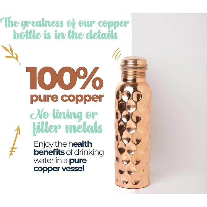 Copper water bottle with diamond cut design, leak-proof, Ayurvedic drinking vessel, copper flask for sports, gym, outdoor activities, yoga