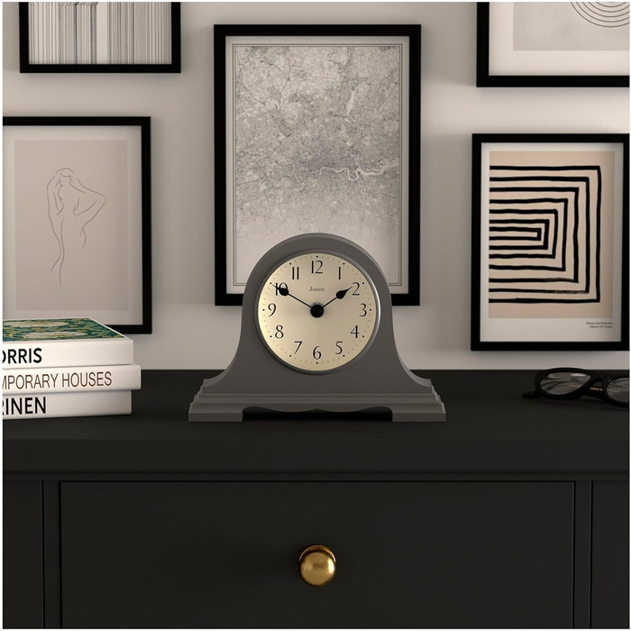 JONES CLOCKS® Speakeasy Table Clock | Classic Napoleon Hat Design | Dark Grey | Contemporary classic style for desk, table, shelf or bedside table