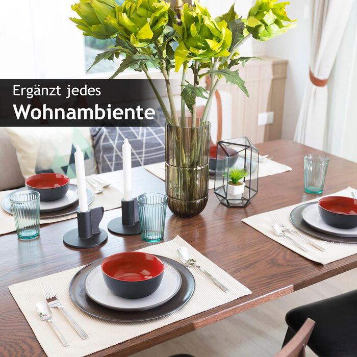 MIAMIO Сервіз для 6 осіб з 30 частин з кераміки, сервіз з тарілок, мисок, чашок та супових тарілок, колекція Le Papillon (Червоний)