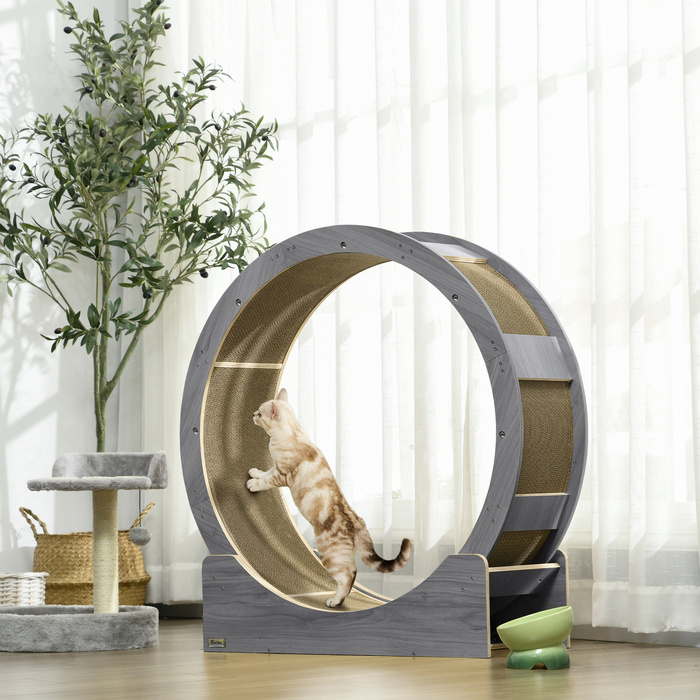 PawHut Cat Wheel, 91 cm Cat Exercise Wheel with Brake, Scratching Board, Cat Wheel for Healthy Movement, Relaxation, Grey | Aosom