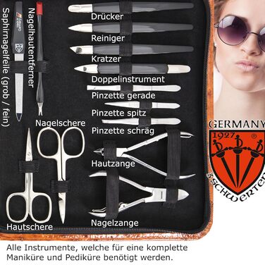 Набір для манікюру DREI SCHWERTER 'Varese' 23 шт. | Німецька якість, етикетка з кожним інструментом, чорний кейс з екошкіри | Манікюрний набір, ножиці, пінцет, ножиці для волосся, кусачки та багато іншого | Колір: Cognac