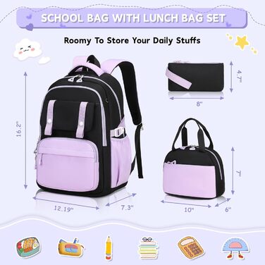 Дитячий рюкзак для школи для дівчаток: Kawaii рюкзак з великою місткістю (3-частинний набір, чорний та фіолетовий)