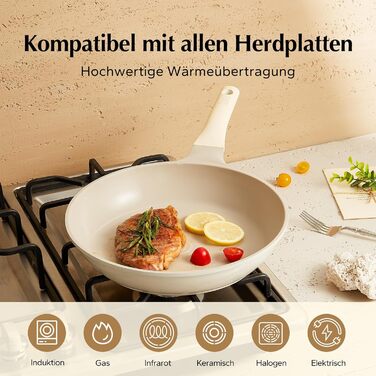 Redchef 28cm Ceramic Non-Stick Frying Pan with Lid - Induction Compatible, Durable, PTFE, PFOA & PFAS Free (Beige)