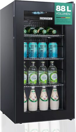 Міні-холодильник Heinrich з скляною дверцятами: компактний, тихий (40dB), LED-підсвічування, для офісу, кемпінгу, саду, об'єм 88 літрів, 3 полиці
