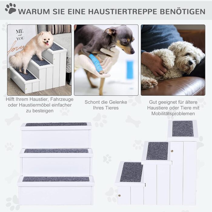 PawHut Pet Stairs 3 Steps Cat Stairs Pet Stairs Dog Stairs for Dogs and Cats Pet Stair Entry Aid with Carpet Storage for Sofa Bed Fir Wood 40.5 x 44.5 x 38 cm (White)