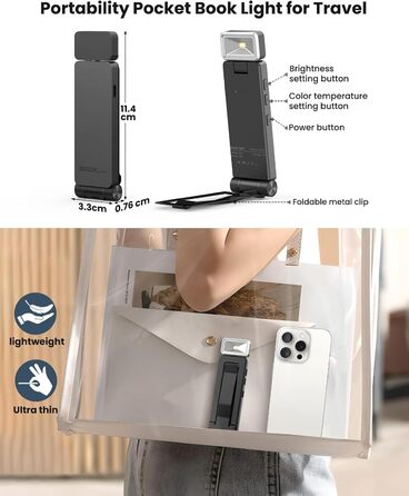 LED кріпильна лампа для читання Tyreses, акумуляторна, USB, 3 кольори, регулювання яскравості, для книг, дітей, зеленого/сірого кольору