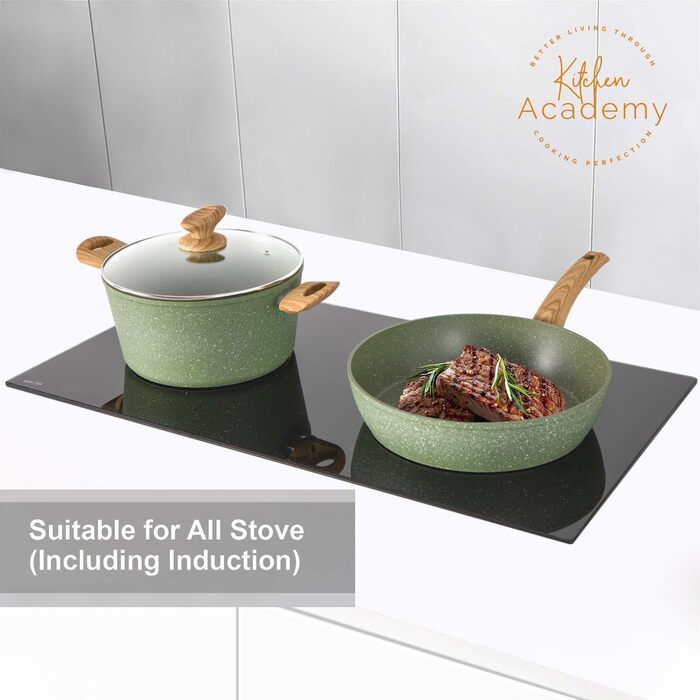 Набір кухонного посуду Kitchen Academy 12 предметів (зелений) з кришками, підходить для індукційних плит, антипригарне покриття без PFAS