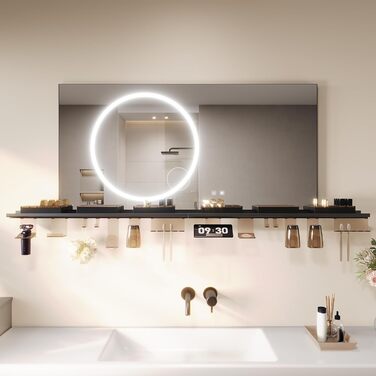 Дзеркало для ванної кімнати SONNI з підсвічуванням 120x60 см, 3 кольори світла, антизапар, годинник, температура, LED, сенсорне керування, білий