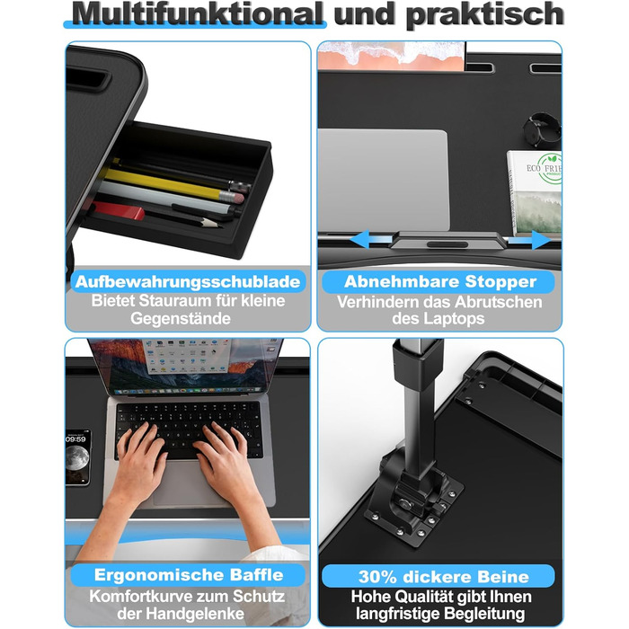 Стіл для ноутбука Potuopy з регульованою висотою та кутом нахилу, складний, великий розмір (60*40 см), чорний, з еко-деревом для роботи, читання та їжі на ліжку/дивані