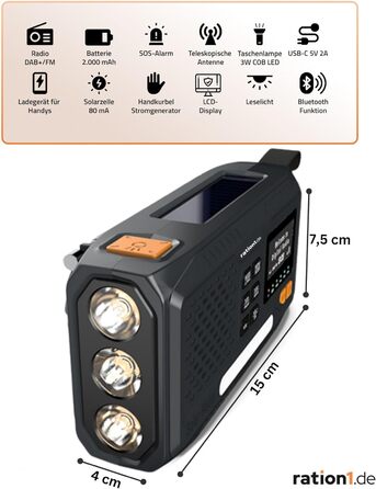 Радіо на ручку з сонячною панеллю та ліхтариком LED, радіо для надзвичайних ситуацій з ручкою та USB, радіоприймач для кемпінгу та відпочинку на природі (8-в-1)