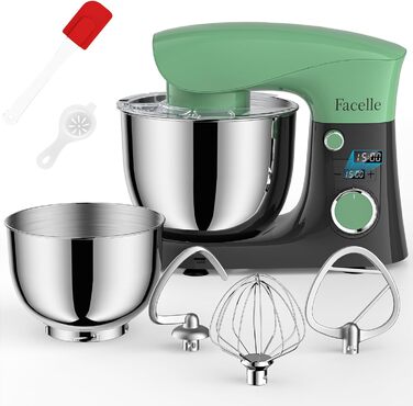 Кухонна машина/міксер Facelle 1500W з 5.5L та 4.5L чашами, 10+ програм, тиха робота, з набором насадок (зелено-сірий)