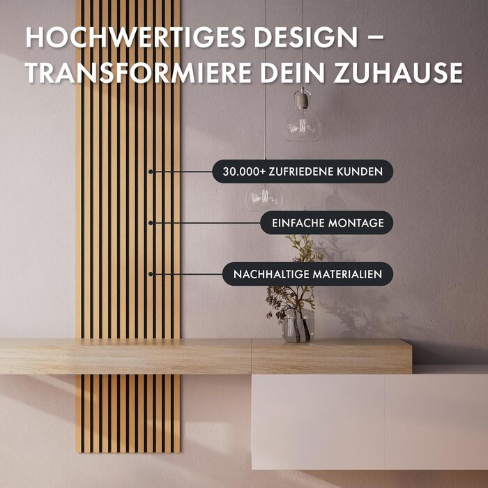 Акустичні настінні панелі Momento з натурального дуба 240x50 см (5 шт), ламелі для шумоізоляції, колір дуб натуральний, чорний фетр, Made in Germany