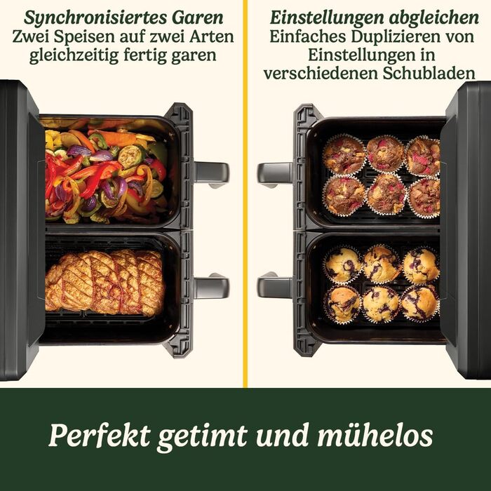 Фритюрниця Cuisinart XXL 10.4L з двома зонами, без PFAS та хімікатів, для смаження, гриля, випікання, дегідратації та підтримання тепла, 2 камери (2 x 5.2L), 8+ порцій, знімні деталі придатні для миття в посудомийній машині, чорний колір
