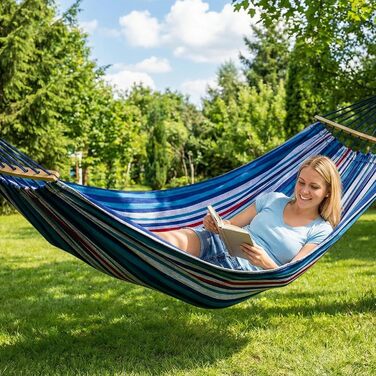 Гамак садовий ANYOO з дерев'яною перекладиною, портативний, зручний для тераси, саду, пляжу (синьо-червоно-білий)