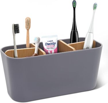 Тримач для зубних щіток з бамбуковими перегородками, сірий. Організатор для зубних щіток та пасти (4 щітки + 1 для пасти)