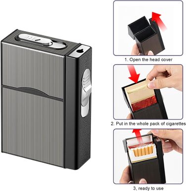 Чохол для сигарет з запальничкою, алюміній, 20 сигарет, USB зарядка (без газу), чорний