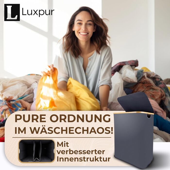 Сортувальний кошик для білизни Luxpur XXL з кришкою, 3 відділення, складаний, бамбуковий, органайзер для прання