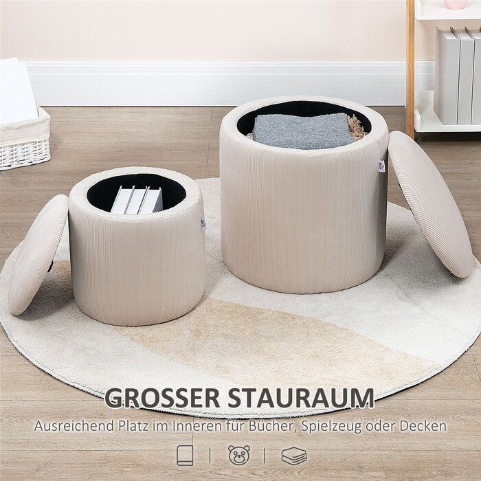 HOMCOM 2-Pack Storage Ottomans with Lid - Footstools with Removable Cover in Corduroy-Look Cream White 40 x 40 x 41 cm | Aosom