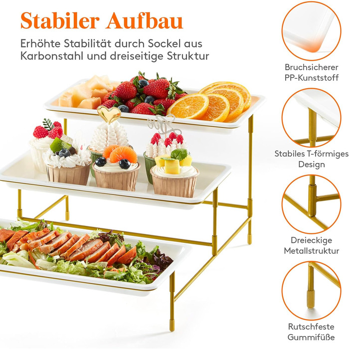 Lifewit 3-Tier Etagere with 30 x 17 cm Plastic Serving Plates, 3-Level Serving Tray/Serving Platter with Folding Gold Metal Shelf, Buffet Party Accessories for Vegetables/Fruit/Cookies/Cake