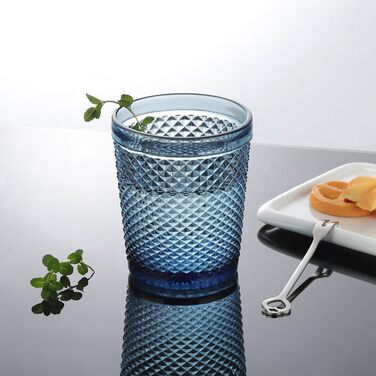Joeyan 300ml Blue Drinking Glasses Set of 6, Colorful Water Glasses Set with Diamond Relief, Vintage Glasses Set for Home Restaurant Bar, Dishwasher Safe