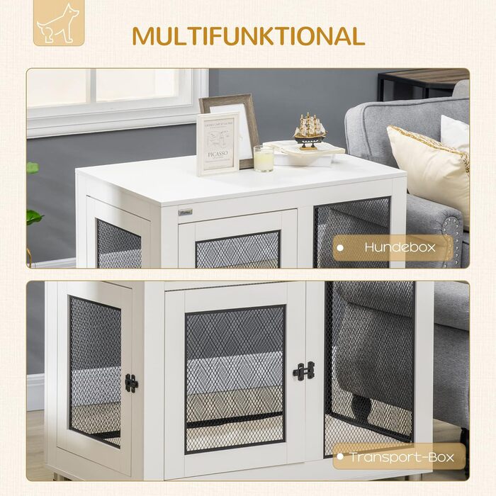 Клітка для собак PawHut з 2 дверцятами, знімний лежак, сучасна сталева собача будка для дому, підходить для великих собак до 30 кг, білий, 94x60x71,5 см