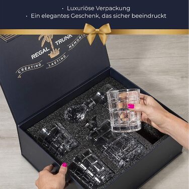 Regal Trunk & Co. Whisky Kristallgläser Set with Decanter - Set of 4 Square-Engraved Tumblers and Carafe - Crystal Whisky Decanter Set for Bourbon and Scotch - Includes Gift Box and Polishing Cloth