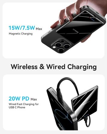 Power Bank Kuulaa Ultra Slim 5000 mAh з MagSafe, Type-C 20W, Швидка зарядка, 7.2 мм, для iPhone 16/15/14/13/12, чорний