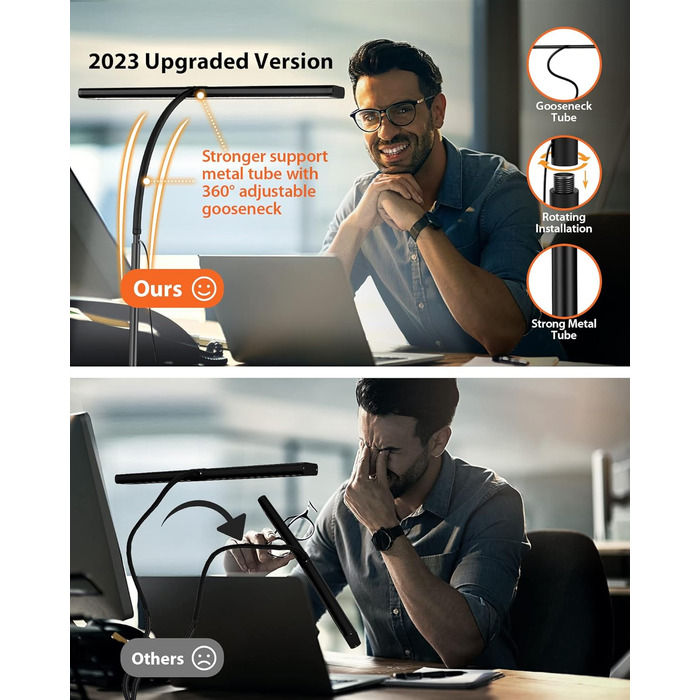 LED лампа для столу 10W, диммируемая, 160 LED, USB-адаптер, 3 колірні температури, 10 рівнів яскравості, гнучкий 70см «лебединий шия», для дому та офісу, з пультом ДУ