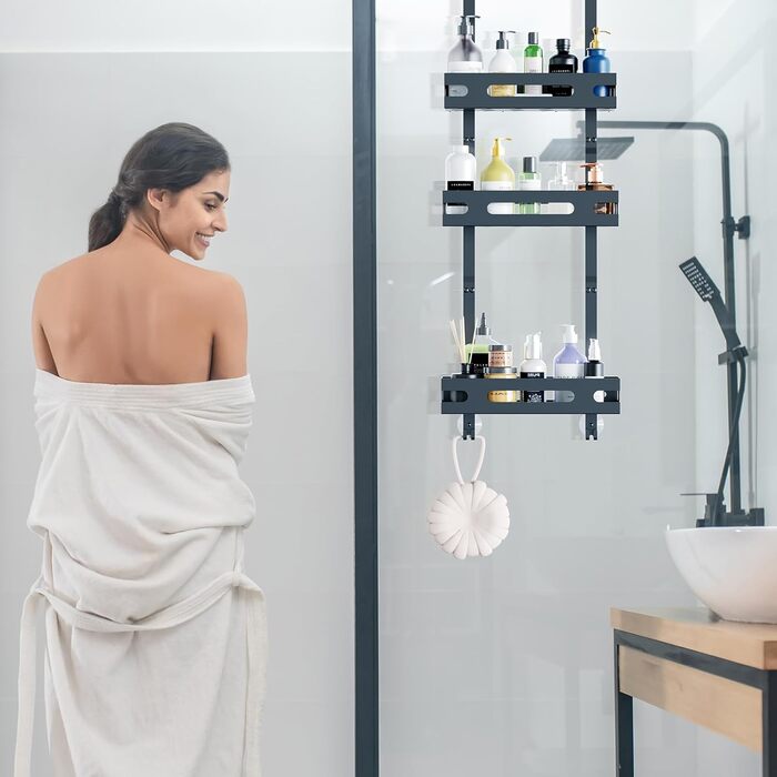 Настінна поличка для душу YEAUPE PRO 3 яруси – органайзер для ванної кімнати без свердління, з 2 присосками, 6 гачками, чорний, до 18 кг
