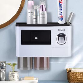 Automatic Toothpaste Dispenser Wall-Mounted with Space-Saving Toothbrush Holder for Bathroom, 2 Transparent Magnetic Cups, 6 Toothbrush Slots, 1 Cosmetic Organizer Drawer (2 Cups)