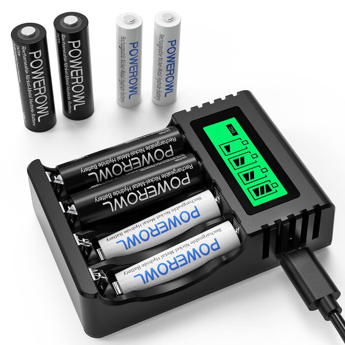 Зарядний пристрій POWEROWL з 8 акумуляторами: 4xAA 2800mAh + 4xAAA 1000mAh Ni-MH для швидкої зарядки