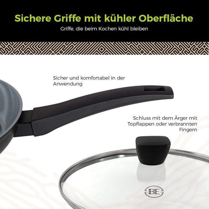 Набір сковорідок Be Living Delight 4 шт. (20/24/28 см + Вок 28 см з кришкою), антипригарне покриття з кераміки, для індукційних плит, без PTFE та PFOA, чорний