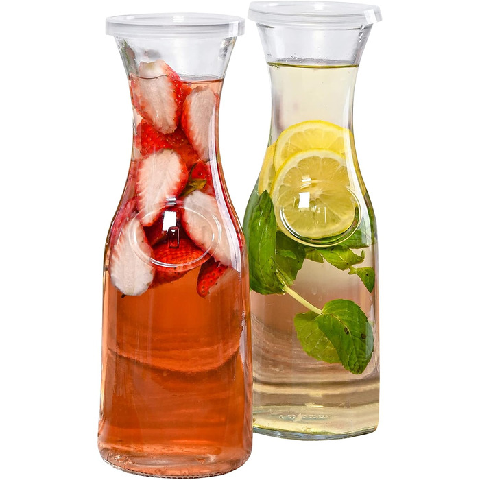 Glass Carafe Style 1 Liter with Lid for 1 Liter (2), Water, Juice, Tall Slim Neck Design, 935 ml, 2 Pieces, Transparent