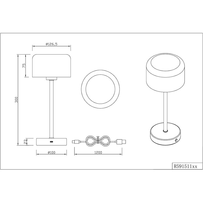 LED настільна лампа Julien: акумуляторна, USB-C, сенсорне керування, Ø 12 см, 30 см, метал, 1.5W, хром