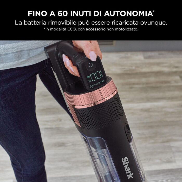 Shark Stratos акумуляторний бездротовий пилосос PowerFins Plus, 60 хв роботи, CleanSense IQ, антизаплутування волосся, насадки для щілин та різних поверхонь, рожево-антрацитова колірна гамма, IZ400EU Stratos, без насадки для тварин