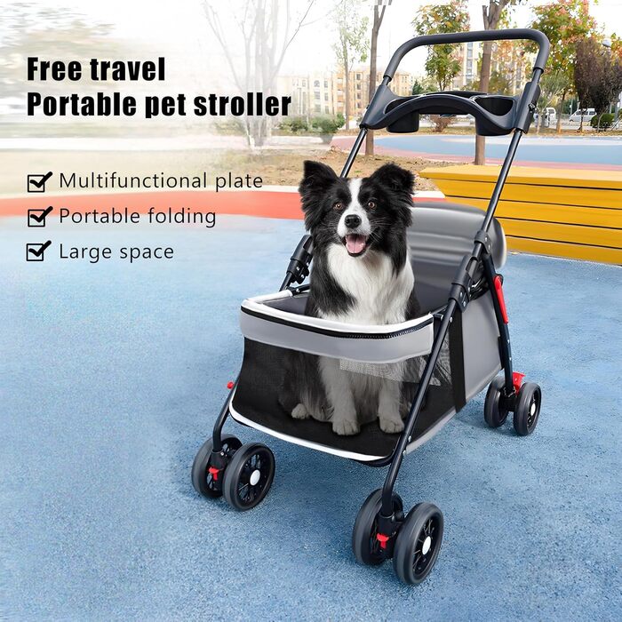 Foldable Pet Stroller for Small Dogs & Cats - 360° Swivel Wheels, Double Locking, Adjustable Canopy, Grey Mesh