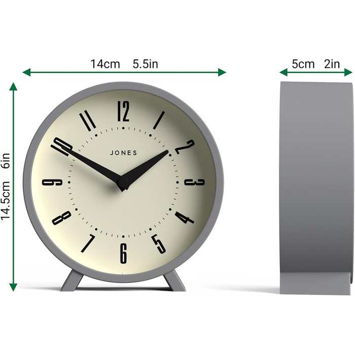 JONES CLOCKS® Desk Clock 'Venus' – modern round design in gray, stylish retro look for shelves, tables, mantels, or bedside tables
