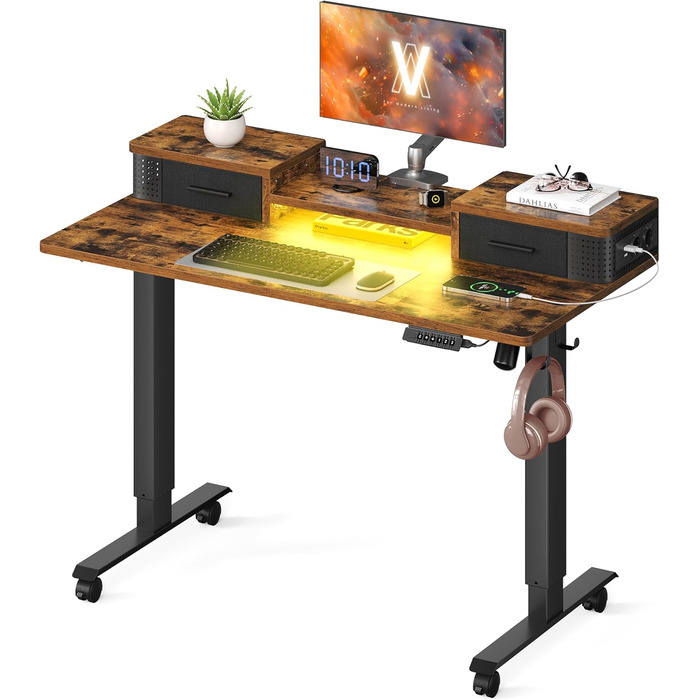 VASAGLE Electric Standing Desk - Adjustable Height, 140x60cm, with Monitor Stand, Power Strip, Hooks, Memory Function - Vintage Brown