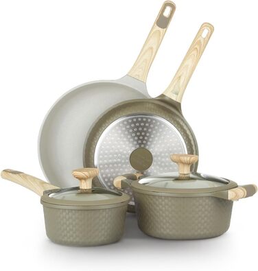 Набір посуду KASANOVA Bambù з антипригарним покриттям, 6 предметів (зелений/кремовий), для індукційних плит, з кришками зі скла