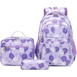 Шкільний рюкзак ZHIERNA для дівчаток-підлітків: комплект з пеналом та ланч-боксом (фіолетовий)