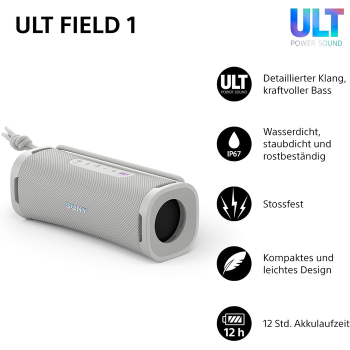 Sony ULT Field 1 - Портативна Bluetooth колонка з глибоким басом, IP67 (водонепроникна, пилозахищена), 12 год роботи, білий