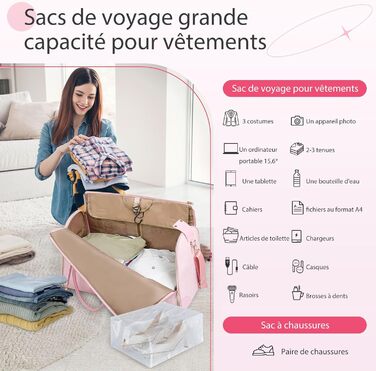 Сумка-трансформер для подорожей 50 л, 2-в-1 з водонепроникним відділенням для взуття та системою проти зминання – для жінок та чоловіків, ідеальна для ділових поїздок та відпочинку (Рожева)