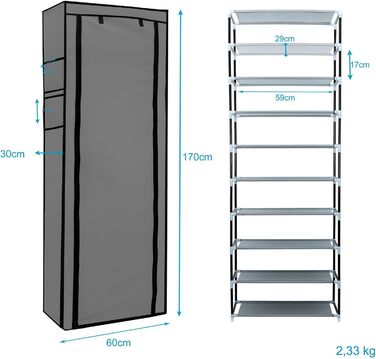 INTIRILIFE Folding Wardrobe 170x58x28 cm in - with Zipper Fabric Wardrobe Clothes Closet Shoe Shelf with 9 Storage Compartments - Camping Folding Cabinet Textile Wardrobe (Ash Grey)