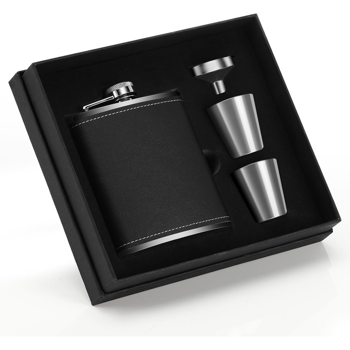 Фляга нержавіюча Kasanni 8oz/230 мл, з келихами та воронкою, чорна шкіряна, для піших прогулянок