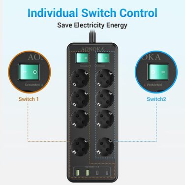 Мережевий фільтр 8 розеток з USB C, USB A, захистом від перенапруги, адаптер розеток, з двома вимикачами, кабель 1.5м, чорний