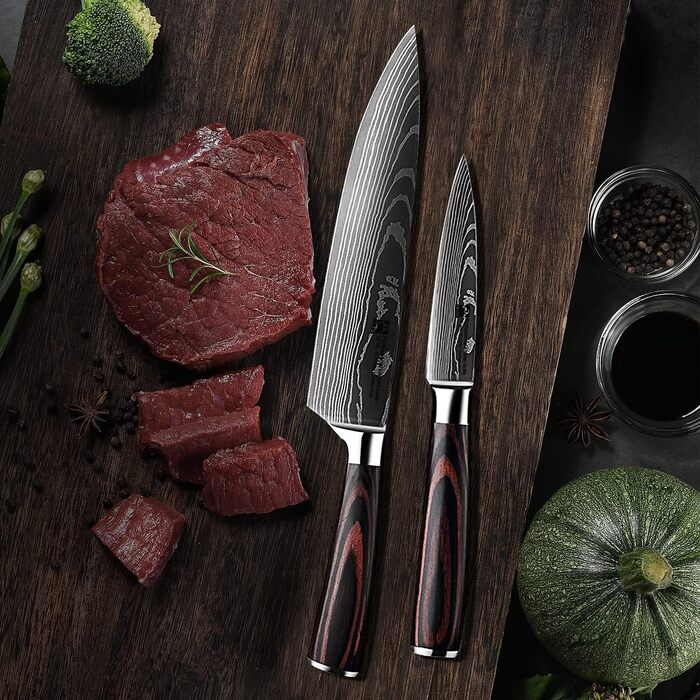 Набір професійних кухонних ножів | Шеф-ніж, Сантоку, хлібний ніж та інші | Нержавіюча сталь з лазерним візерунком, ручки з пакавуду | Подарунковий набір