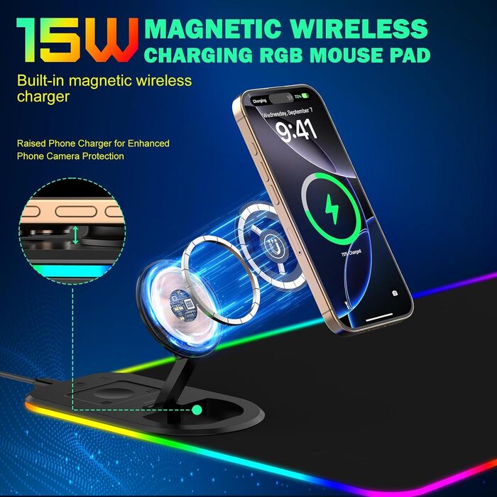 Ігровий RGB килимок для миші з бездротовою зарядкою Qi 15W, 800x350x4мм, 10 режимів підсвічування, швидка зарядка 10W для iPhone та навушників, водонепроникний, протиковзаючий (Чорний)