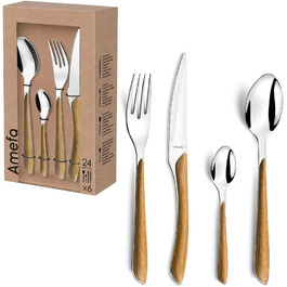 Amefa ECLAT Cutlery Set NATURE Brown Wood-Look Dining Cutlery 24-Piece for 6 People Stainless Steel, Rust-Proof, Plastic Grips with Wood-Look Finish, Dishwasher-Safe Cutlery Set for 6 People