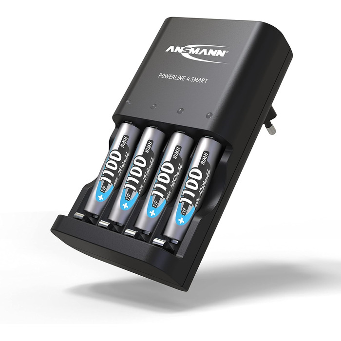 Зарядний пристрій ANSMANN Powerline 4 Smart з 4x NiMH акумуляторами 2850mAh для AA/AAA - автоматичний зарядний пристрій з режимом відновлення, для перезаряджуваних батарей (включно з 4x 1100mAh AAA)